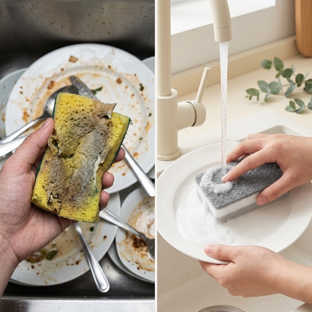 Old slimy sponge vs fresh SPONJ grey dish sponge