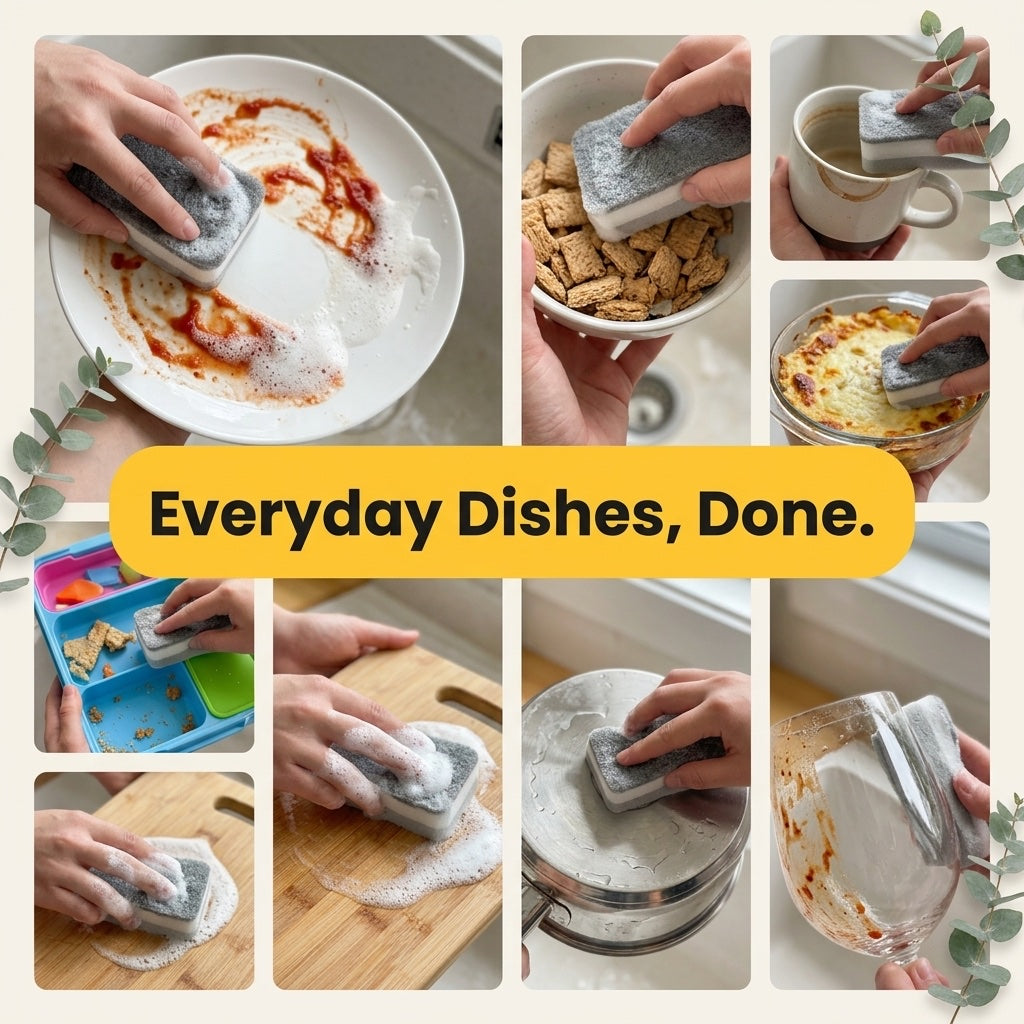 Everyday dishes washed with the grey sponge
