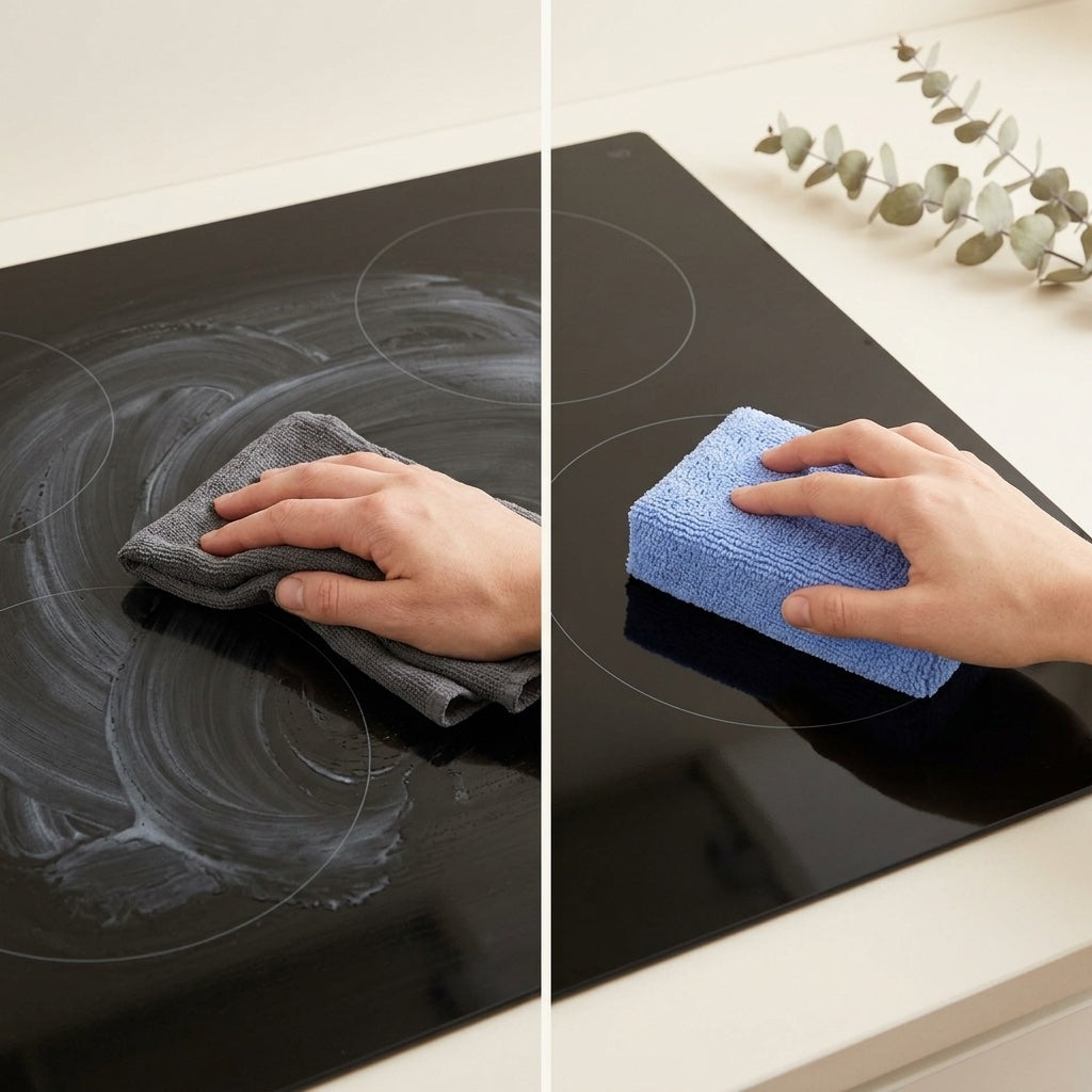 Soggy cloth smearing a glass cooktop vs SPONJ microfiber sponge leaving it clear