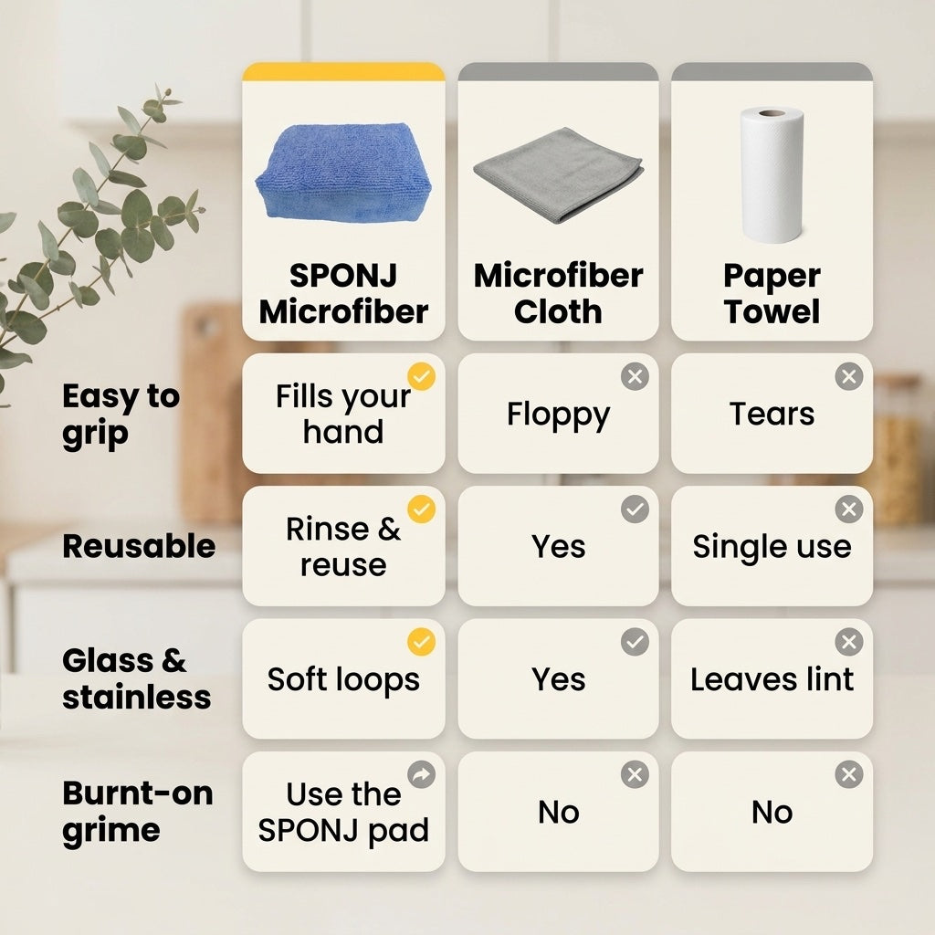 SPONJ microfiber sponge vs microfiber cloth vs paper towel