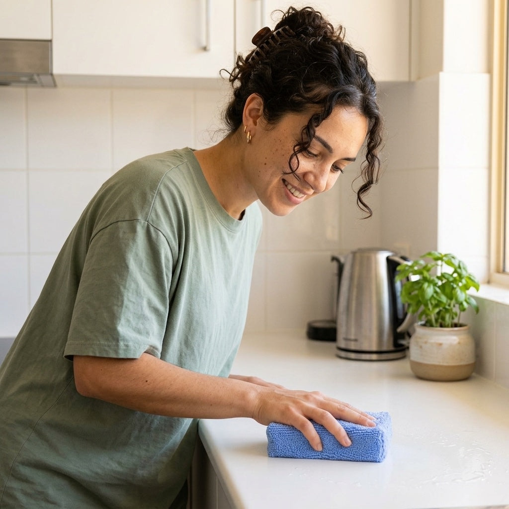 Wiping a kitchen benchtop with the blue microfiber sponge