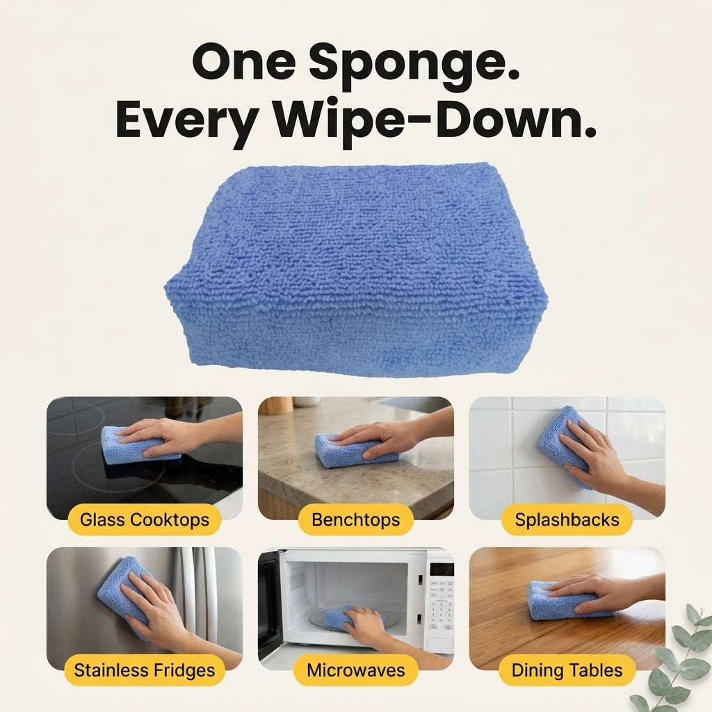 One sponge for cooktops, benchtops, splashbacks, fridges, microwaves and tables