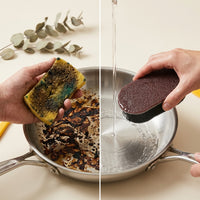 Old sponge vs SPONJ on a burnt stainless pan