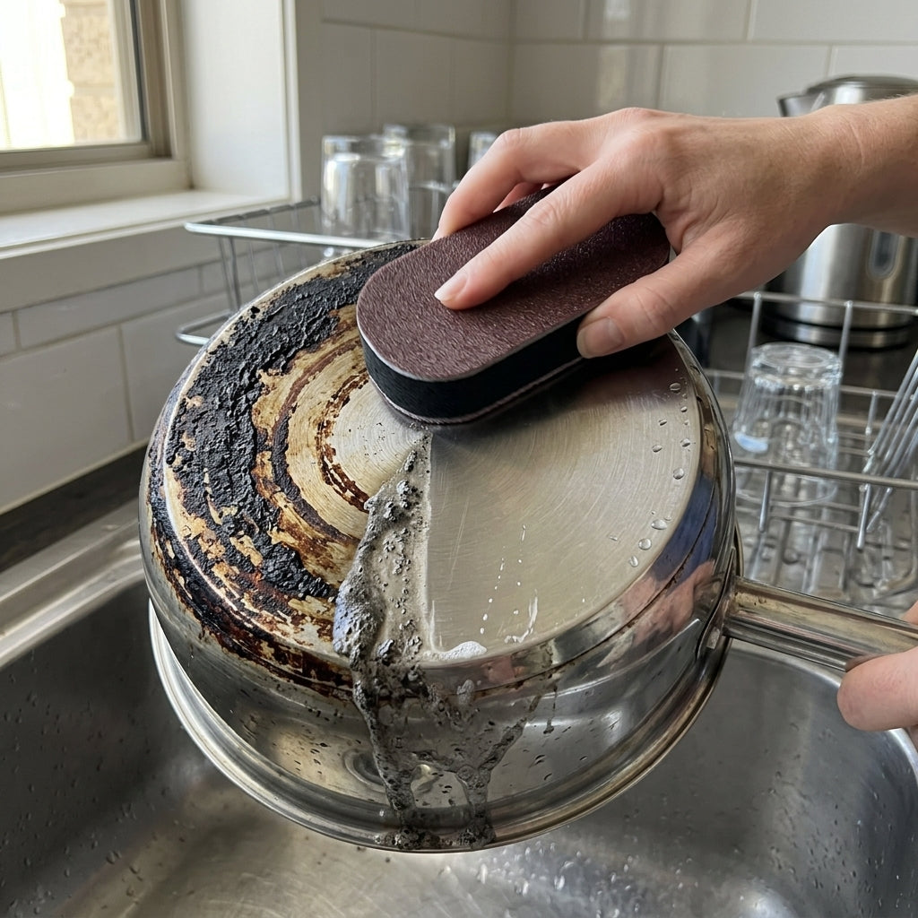 SPONJ pad cleaning a burnt pot