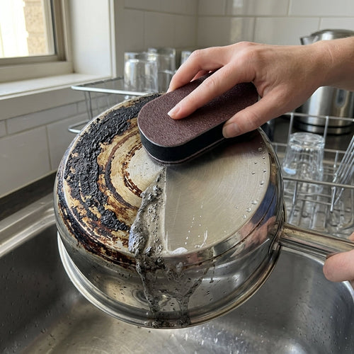 SPONJ pad cleaning a burnt pot